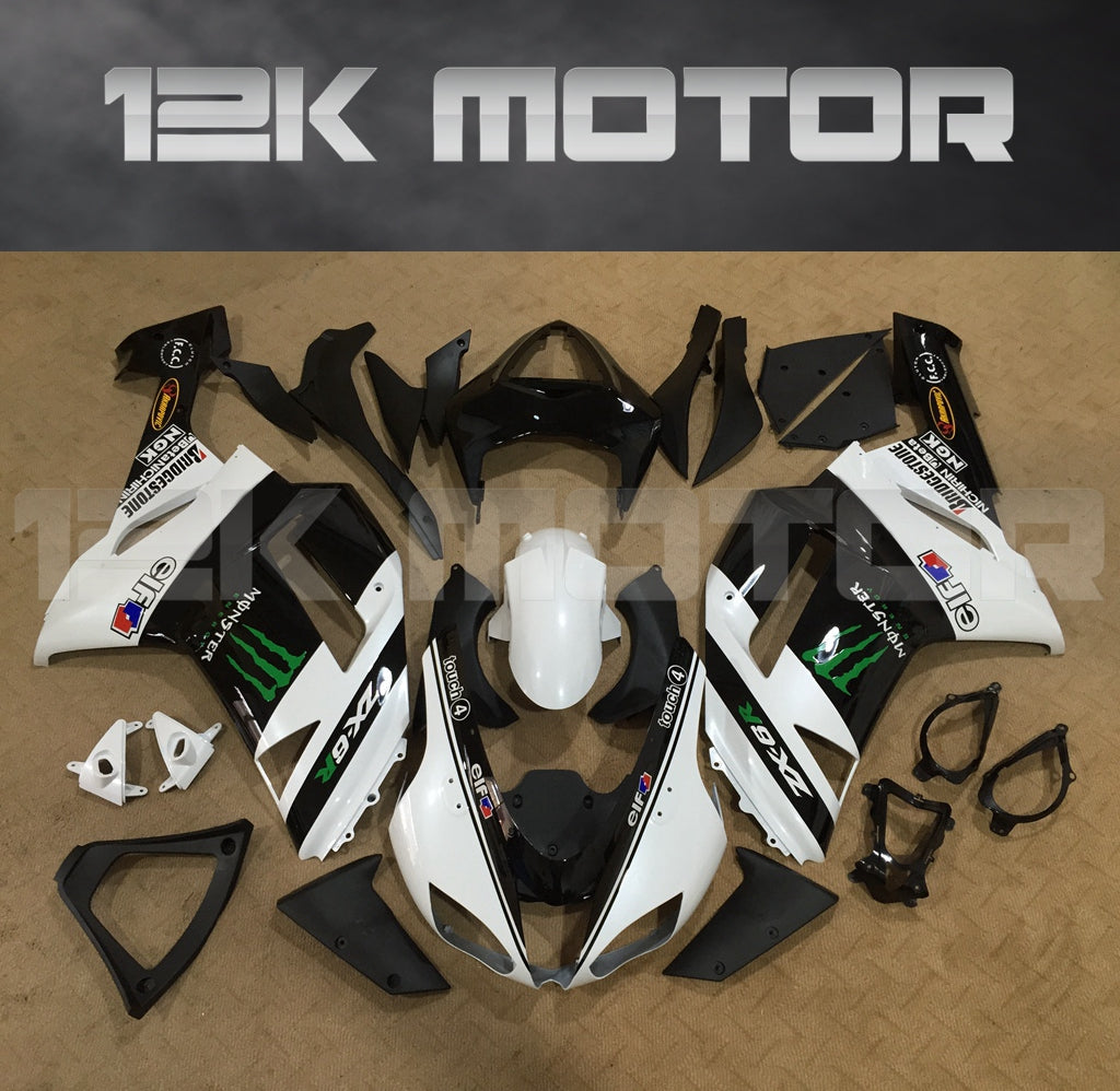 2007 - 2008 Kawasaki ZX6R Black White Fairing