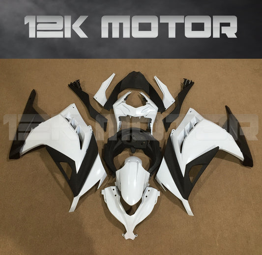 Pearl white fairing kit for Kawasaki Ninja 300R EX300 model years 2013 to 2017, displayed on a table with the brand name '12K Motor' at the top.