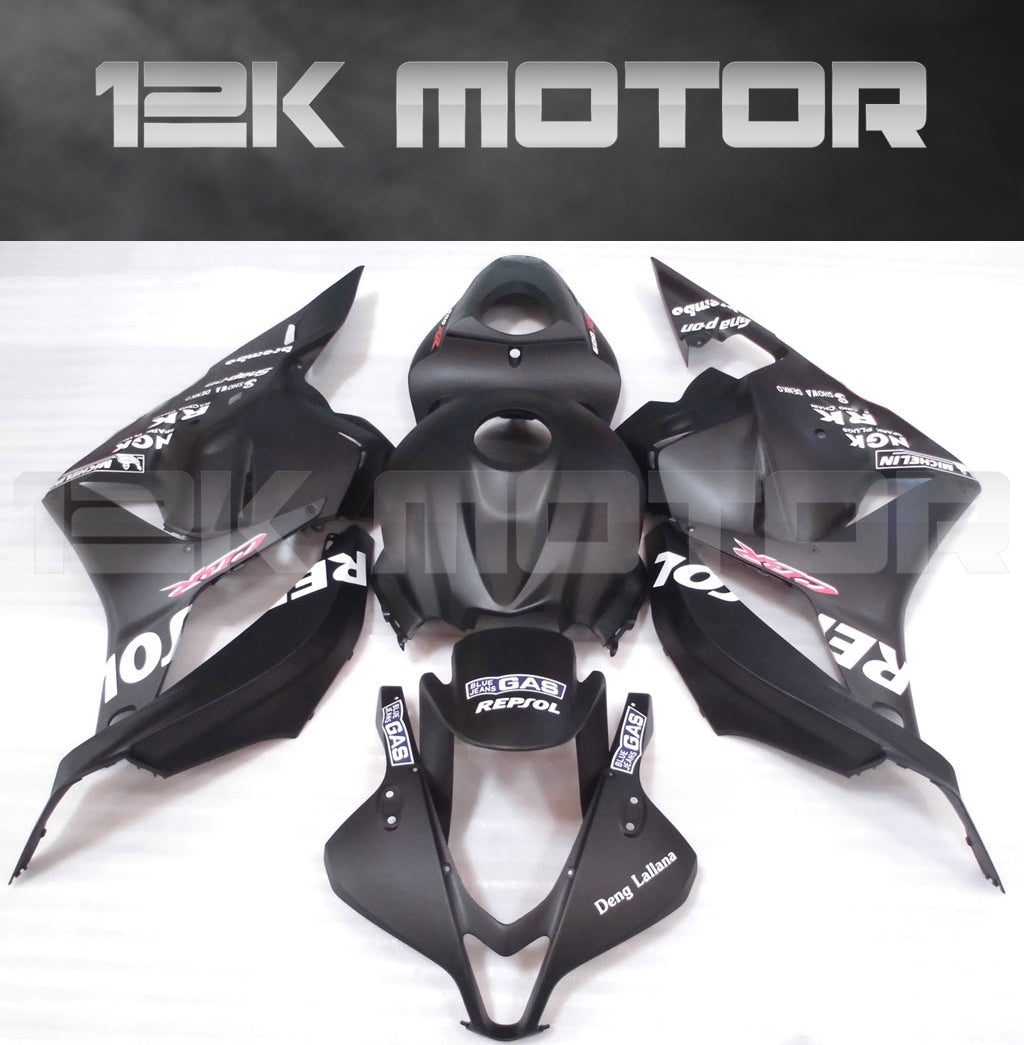 Aftermarket black fairing kit for HONDA CBR600RR 2009-2012, displayed without being assembled on a motorcycle.