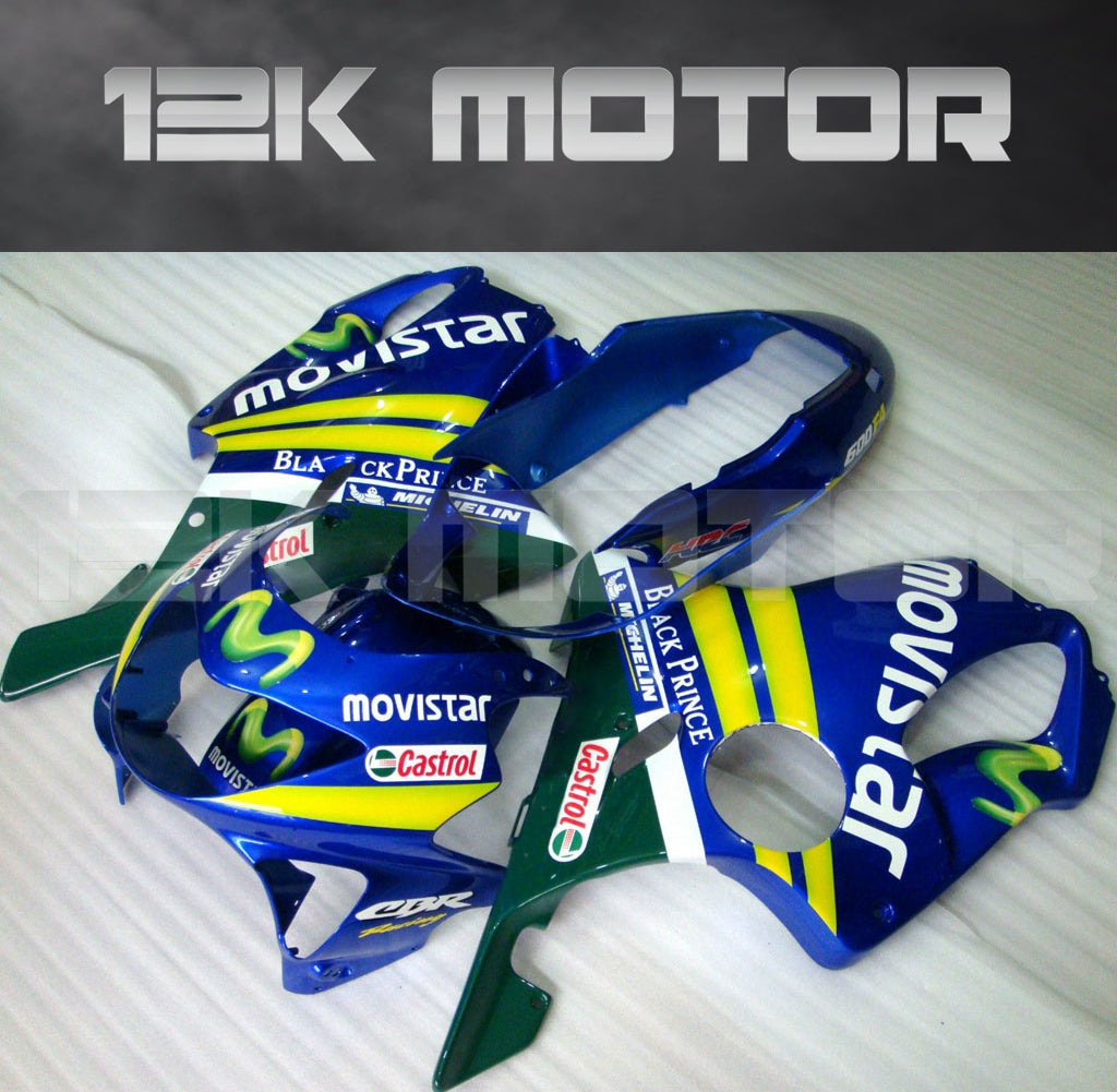 Aftermarket fairing kit for HONDA CBR600RR F4 1999 2000 with blue color and sponsor decals.