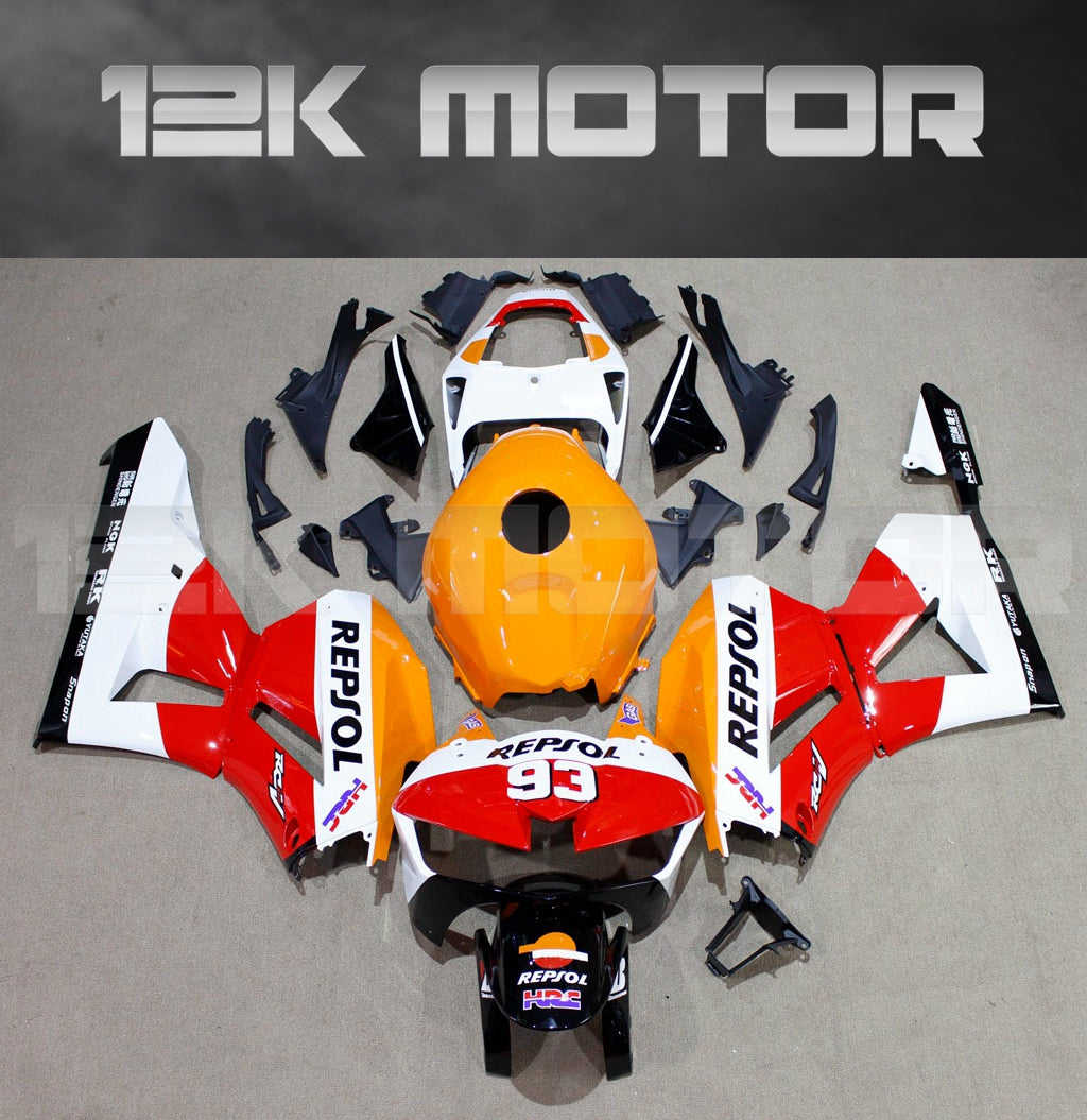 Aftermarket fairing kit for HONDA CBR600RR motorcycle, featuring a combination of white, red, and yellow panels with Repsol branding, displayed on a black background with '12K MOTOR' text.