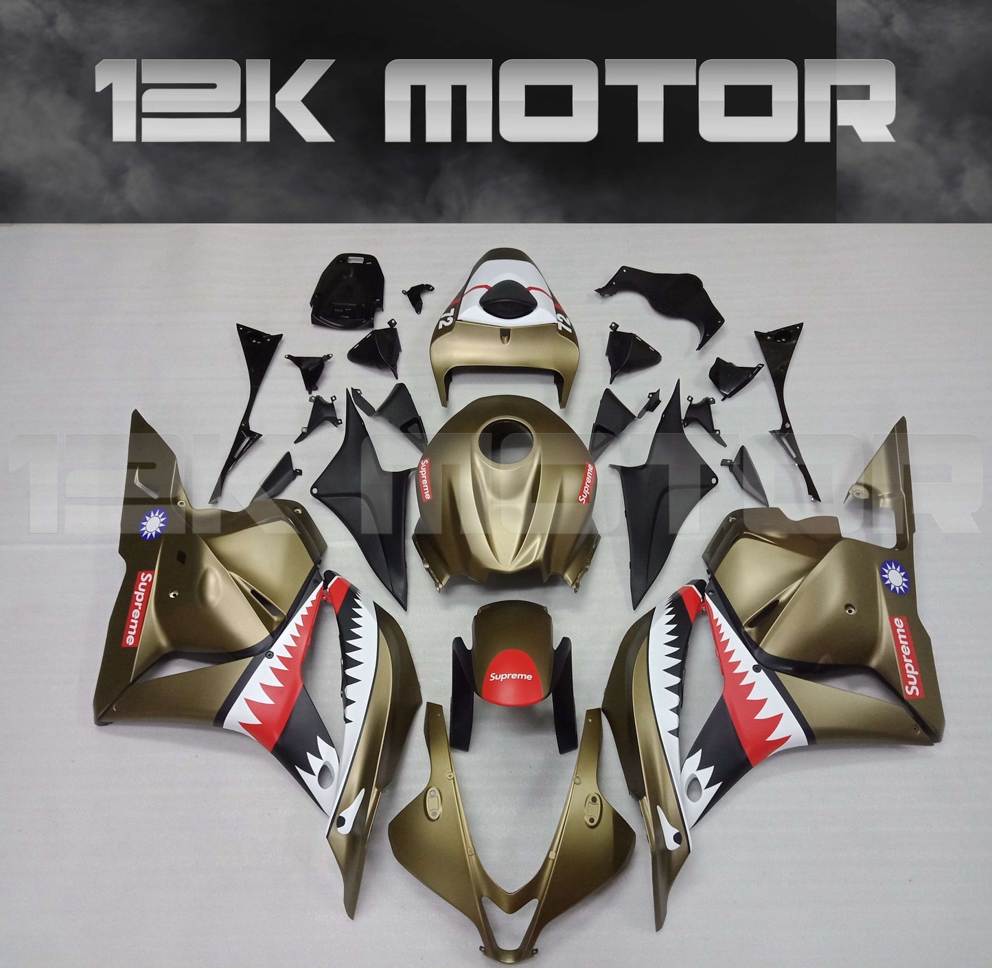 Aftermarket Shark Fairing for HONDA CBR600RR motorcycle. The image shows the fairing parts laid out with a predominantly white and red design with black accents.