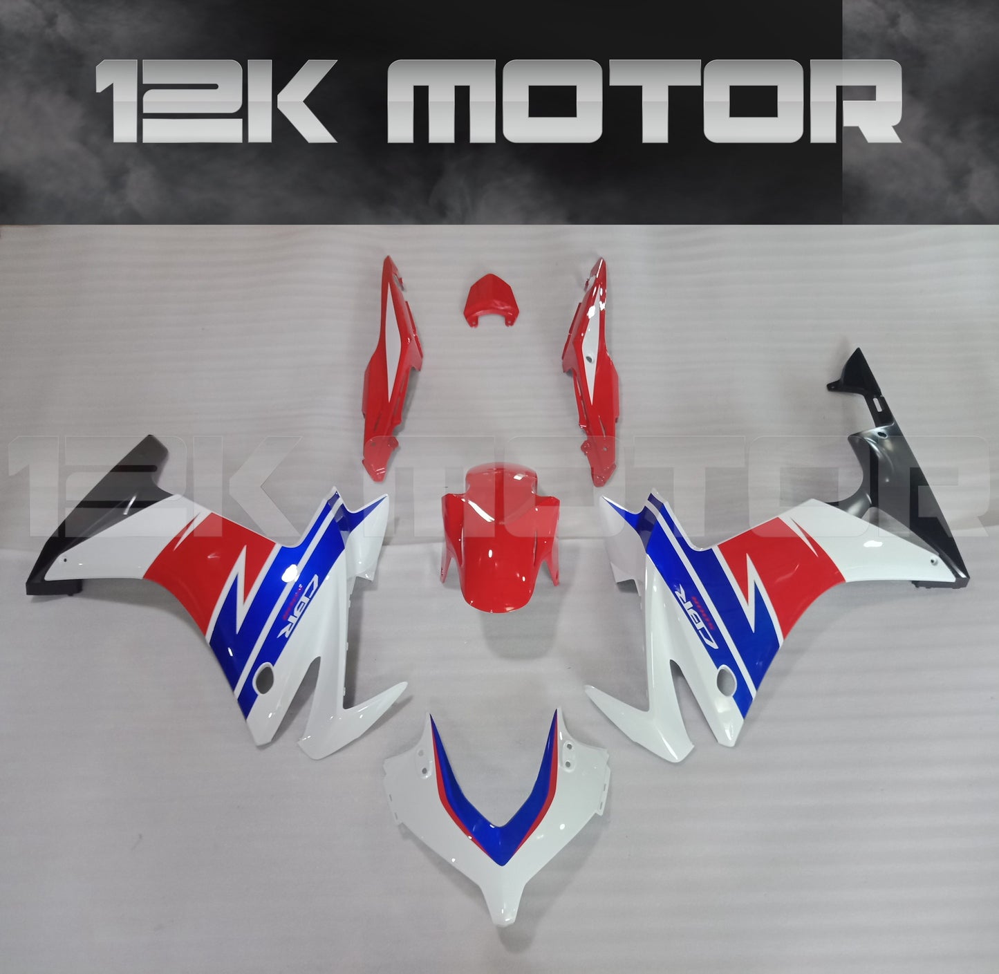 Tri-color fairing kit for HONDA CBR500R, featuring panels in blue, white, and red with the 12K Motor logo.