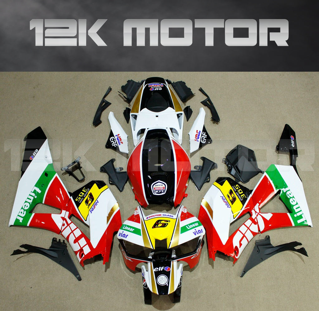Aftermarket fairing kit for HONDA CBR600RR motorcycle, featuring white, orange, red, and green colors with sponsor logos.