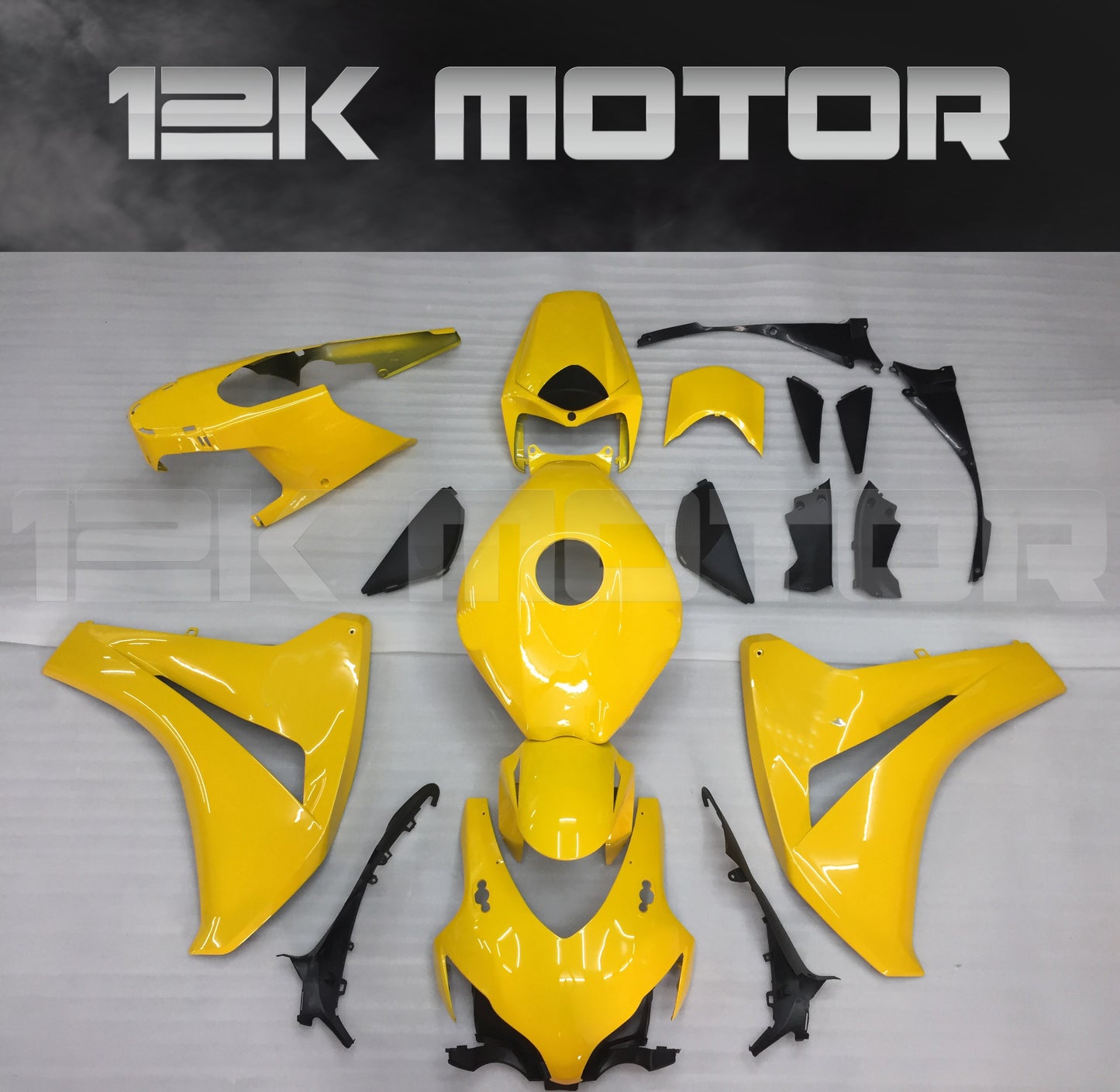 Aftermarket yellow fairing kit for HONDA CBR1000RR 2008-2011 displayed on a table.
