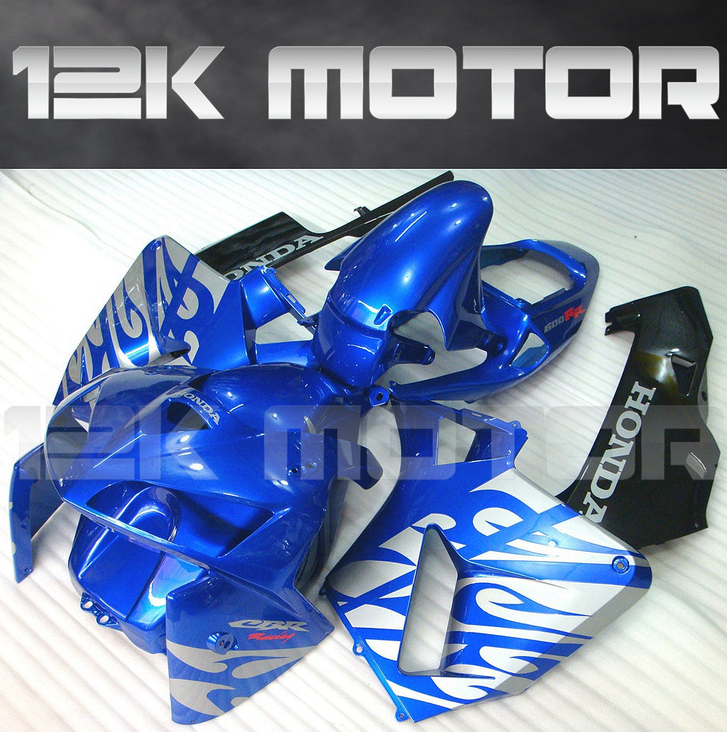 A set of blue and silver motorcycle fairings for HONDA CBR600RR, including front mudguard, upper fairing, sides, and a rear duck tail fairing.