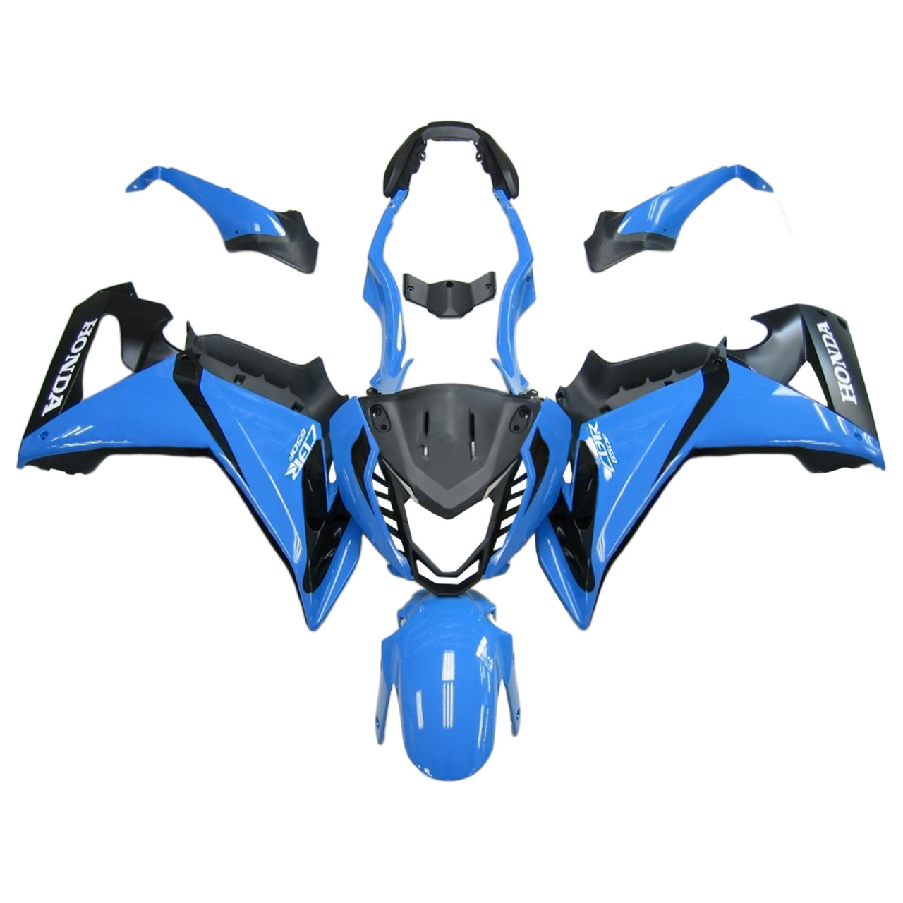 Blue fairing kit for Honda CBR650F, consisting of various plastic panels for bodywork.