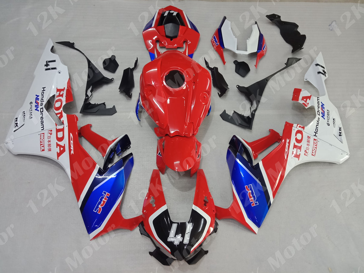 A set of motorcycle fairings for a Honda CBR1000RR in red, white, and blue color scheme, including various panels and parts.
