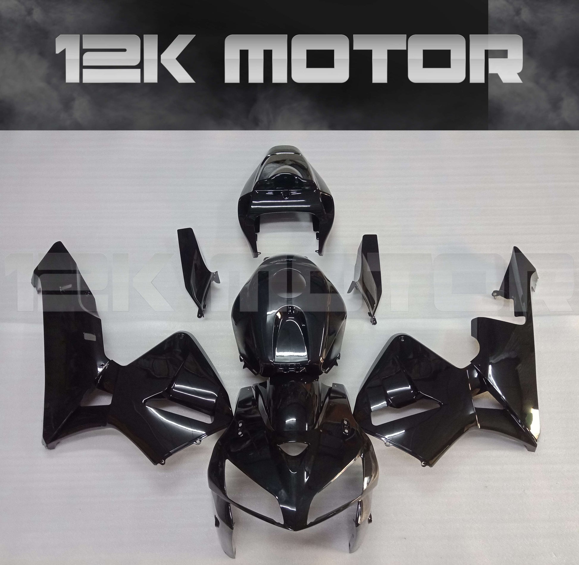 Aftermarket black fairing kit for HONDA CBR600RR motorcycle, displayed without being installed.