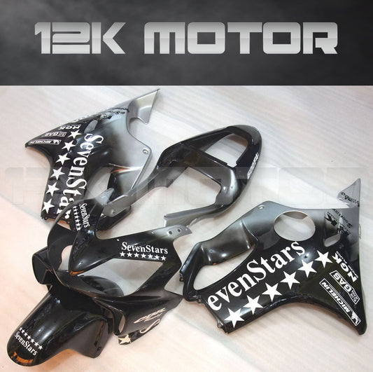 Aftermarket black fairing kit for HONDA CBR600 F4i 2001-2003, including various fairing panels with a star design, a windscreen, and heat shield.