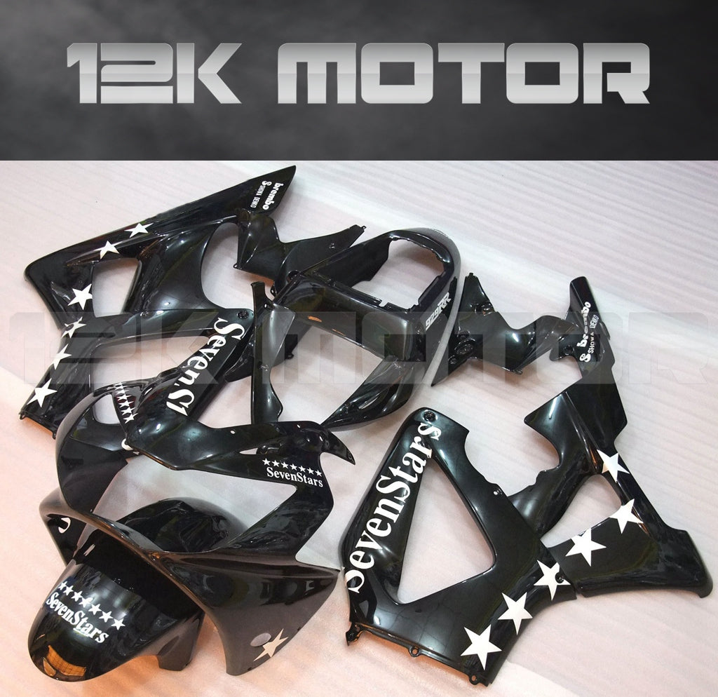 Aftermarket black fairing kit for HONDA CBR929RR 2000 2001 with white star designs, including multiple fairing panels and a windscreen.