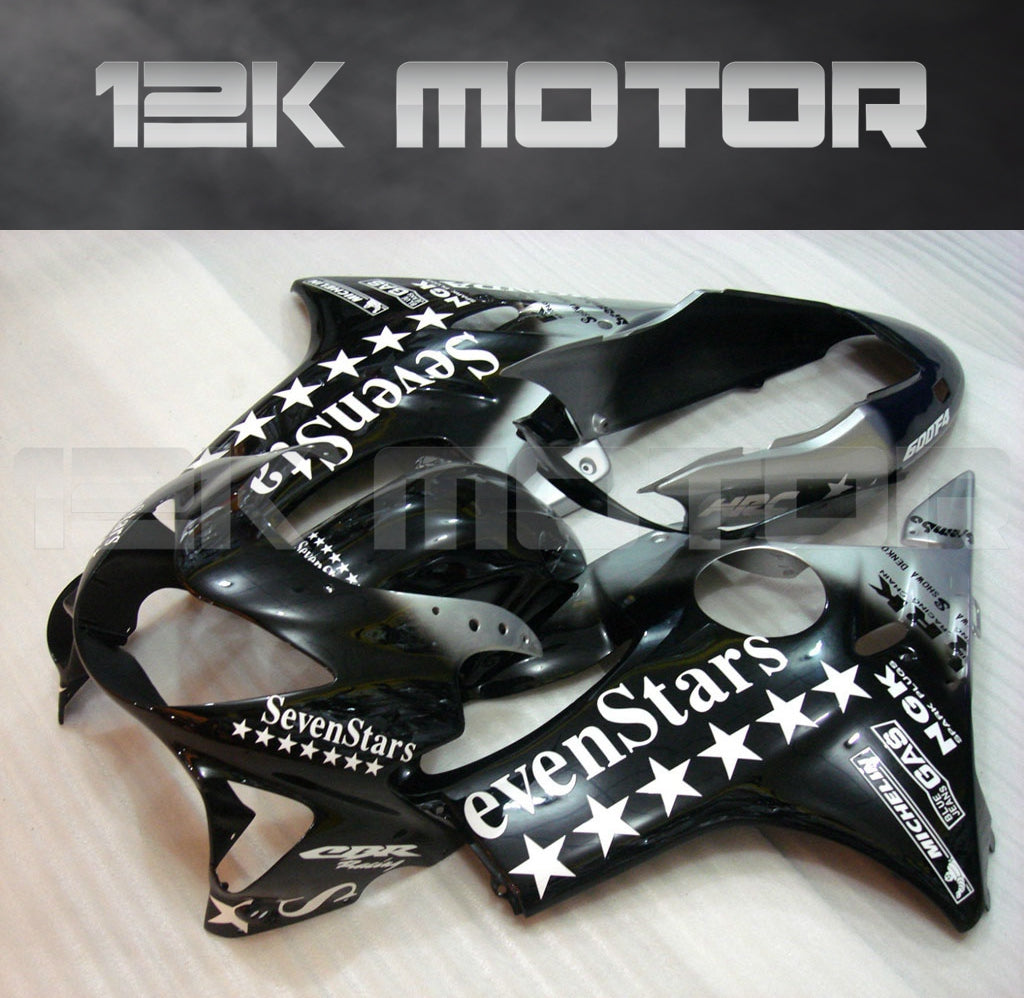 Aftermarket black fairing kit for HONDA CBR600RR F4 with Seven Stars branding, including various fairing panels and a windscreen.
