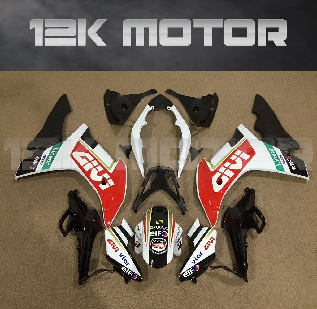 Aftermarket motorcycle fairing kit for HONDA CBR600F, featuring black, orange, and white colors with sponsor logos.