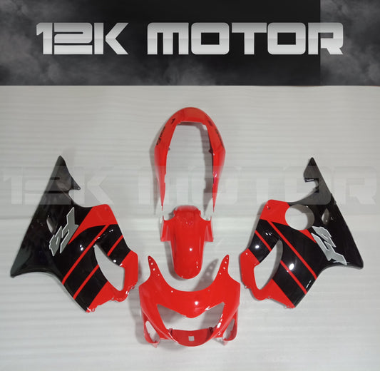 A red and black aftermarket fairing kit for HONDA CBR600 motorcycle, including front mudguard, upper fairing, and other panels.