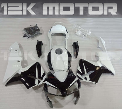 Aftermarket fairing kit for HONDA CBR600RR motorcycle, featuring black, white, and red panels, displayed with the 12K Motor brand logo.