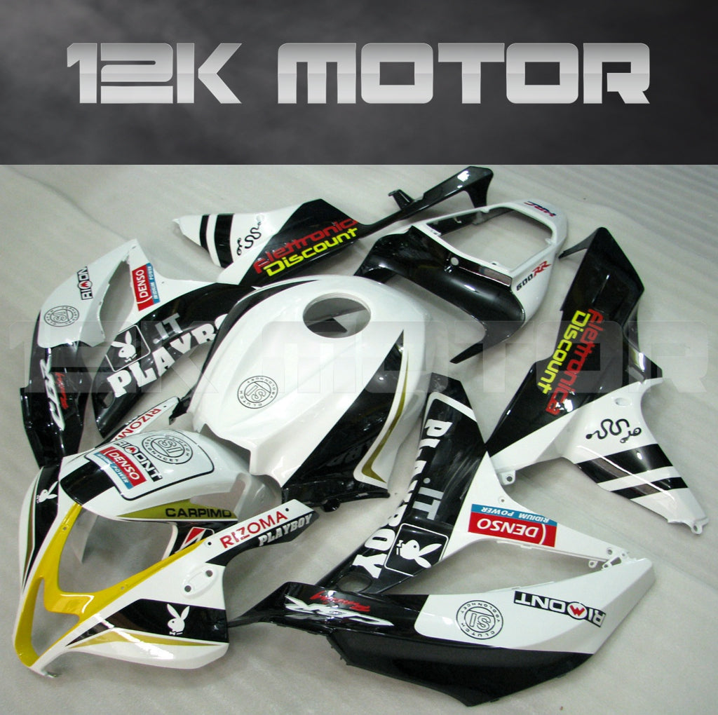 Aftermarket fairing kit for HONDA CBR600RR motorcycle, featuring a black and white design with various decals and sponsor logos.
