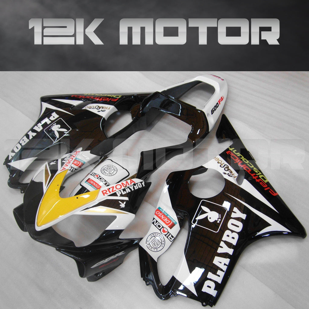 Aftermarket fairing kit for HONDA CBR600 F4i 2001-2003, featuring black, white, and yellow color scheme with various sponsor logos.