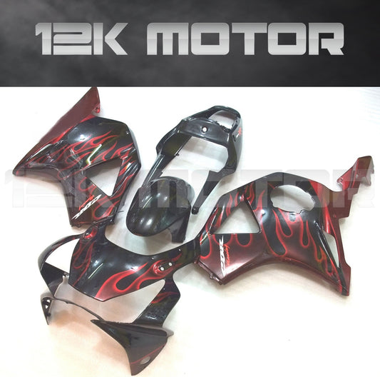 Aftermarket fairing kit for HONDA CBR954RR motorcycle, featuring black and red flame design, including various panels and a windscreen.