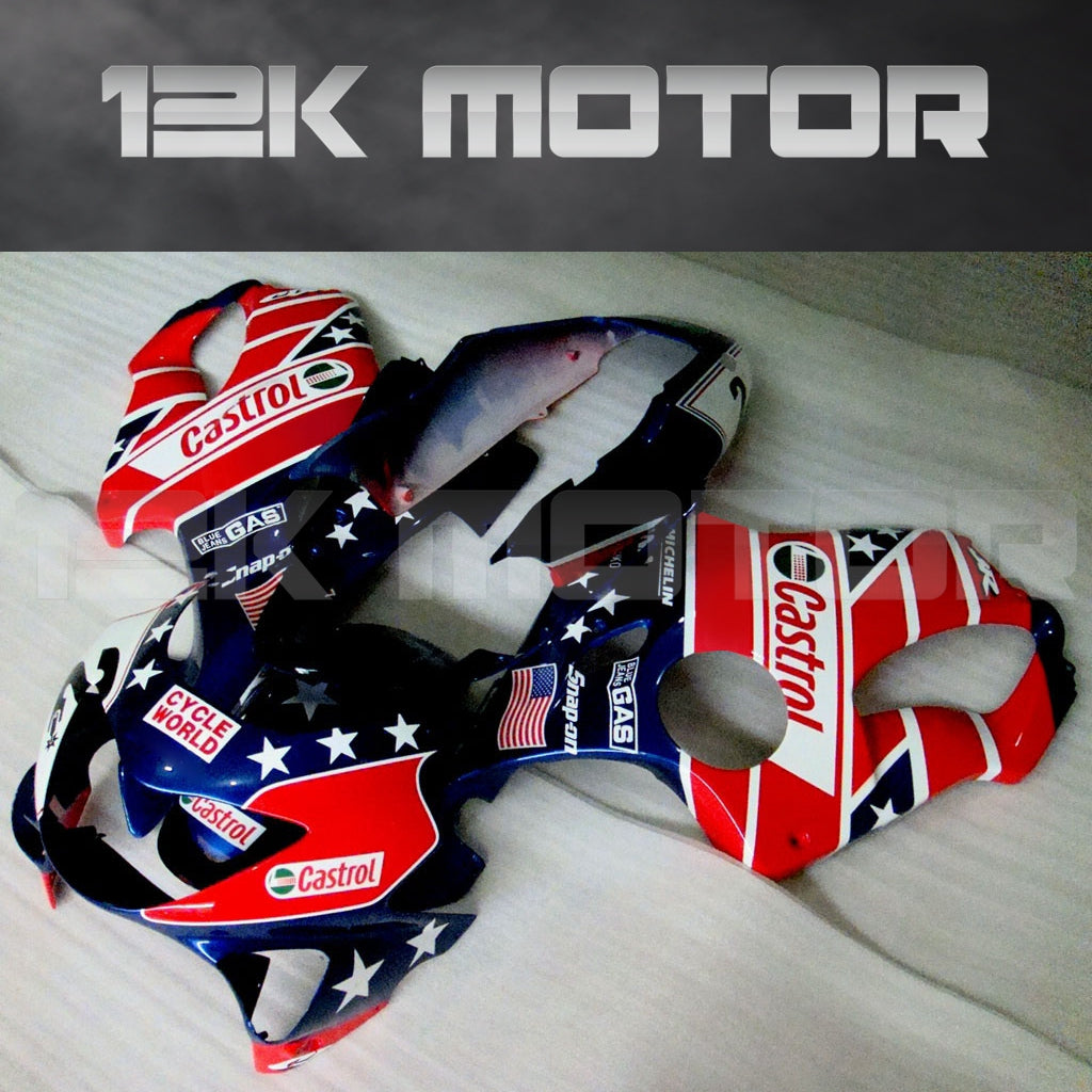 A set of motorcycle fairing kits with a patriotic design featuring red, white, and blue colors, including various fairing panels and a windscreen.