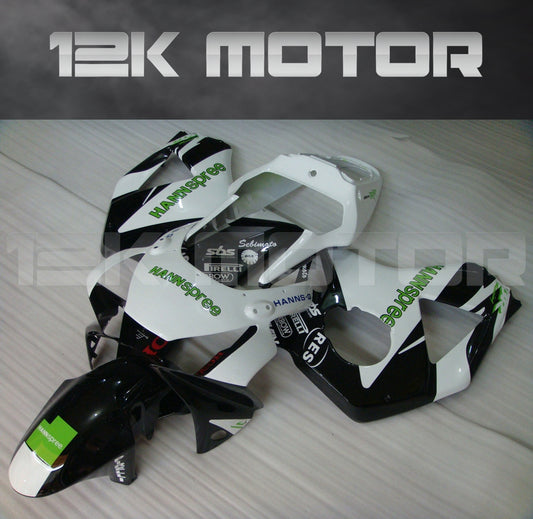 Aftermarket fairing kit for HONDA CBR954RR motorcycle, displayed are black and white fairing panels with graphics, including a windscreen and heat shield.