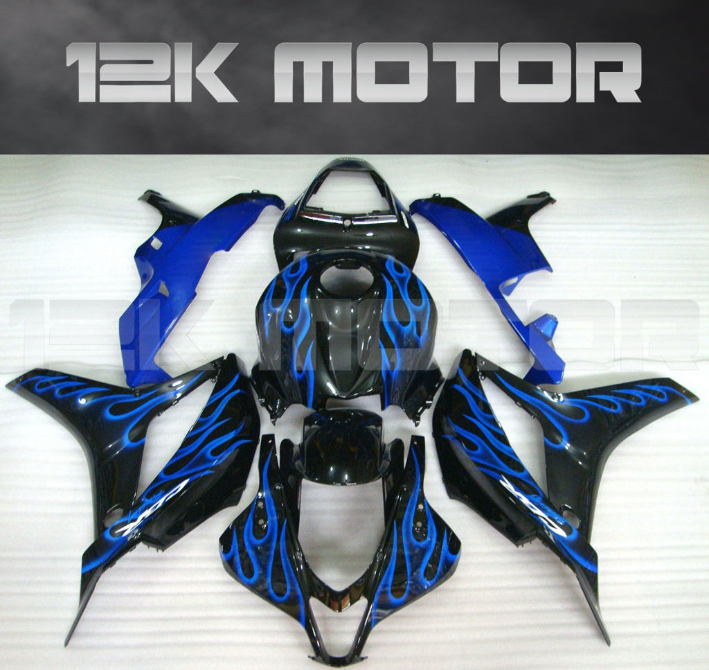 A set of motorcycle fairing panels in black with blue flame designs, including front mudguard, upper and lower fairing, and side panels for a HONDA CBR600RR motorcycle.