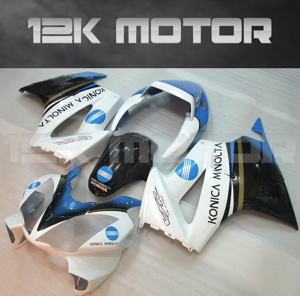 Aftermarket fairing kit for HONDA VFR800 motorcycle, featuring a combination of white, blue, and black panels with text and graphics.