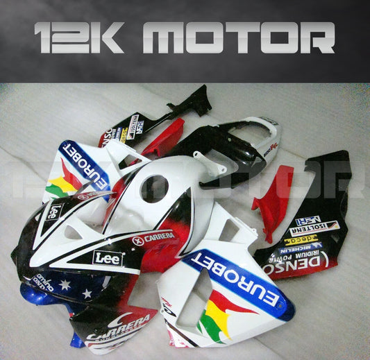 An aftermarket fairing kit for HONDA CBR600RR motorcycle, featuring a multicolor design with sponsor logos, including a front fairing, side panels, and a rear fairing.