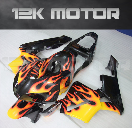 A set of 12K Motor fairing panels for HONDA CBR600RR motorcycle, featuring a fire flame design with black and red colors