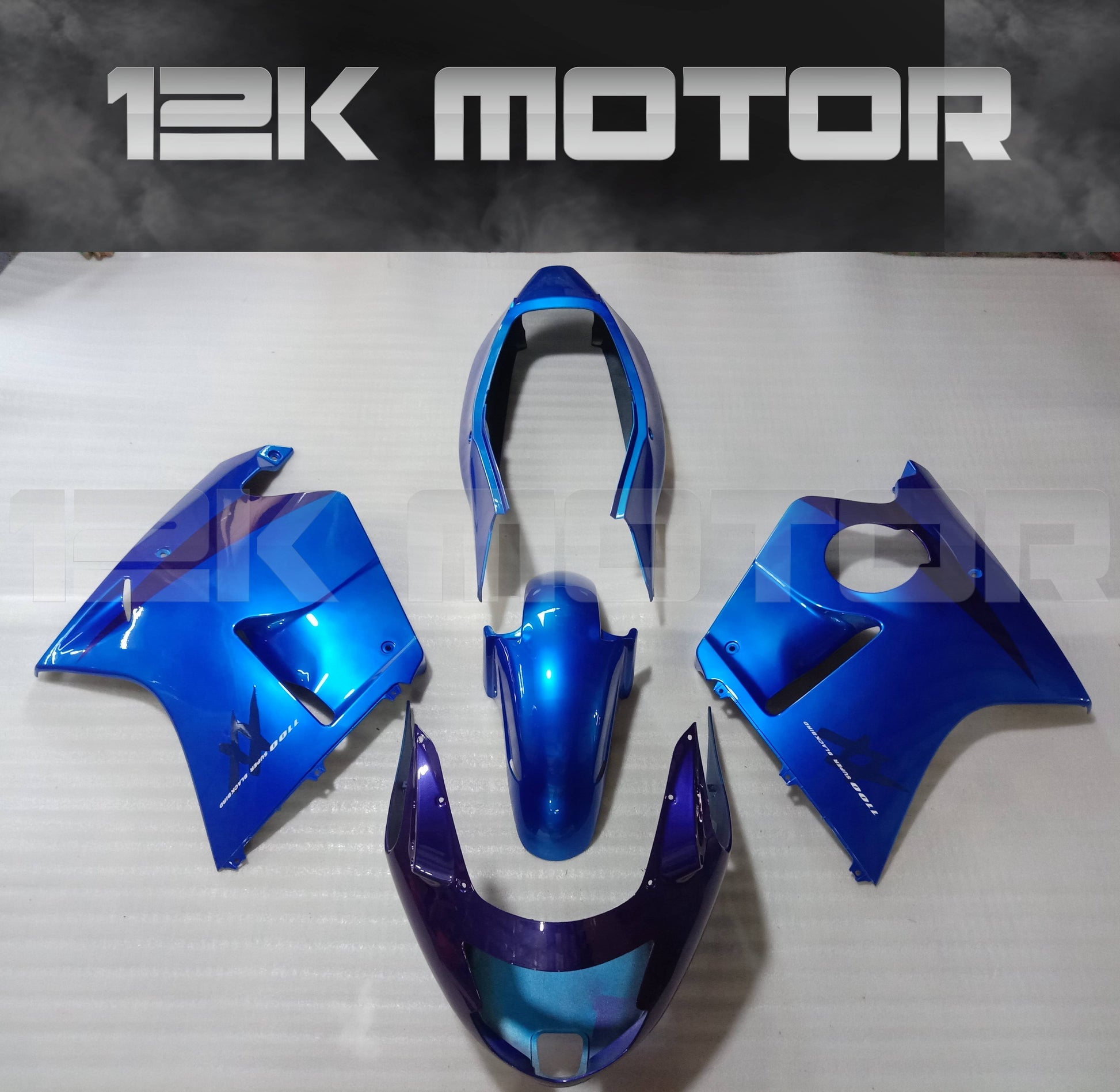 A set of blue motorcycle fairing panels for HONDA CBR1100XX Blackbird 1996-2007, including front mudguard, front upper fairing, left and right sides with belly pan or lower side panels, and a rear duck tail fairing.