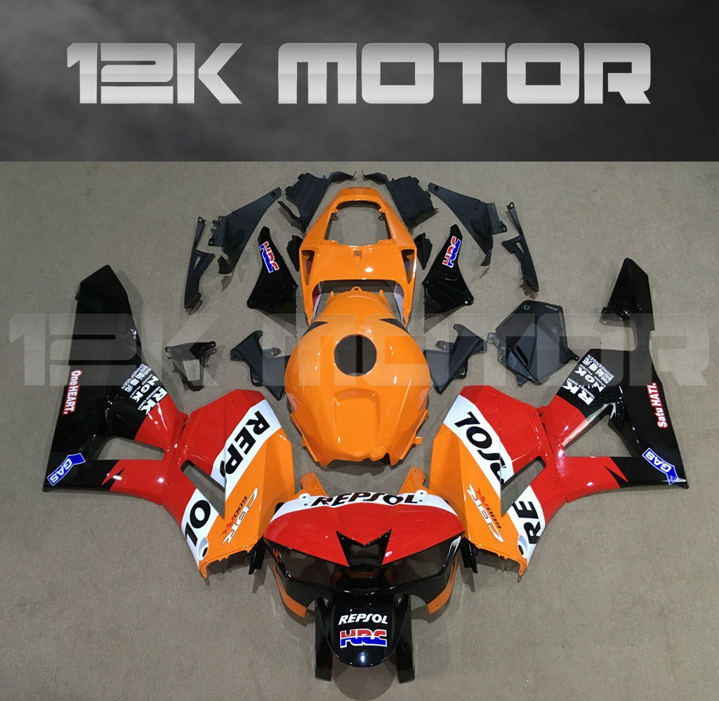 Aftermarket fairing kit for HONDA CBR600RR motorcycle, featuring a red, black, and orange color scheme with sponsor logos.
