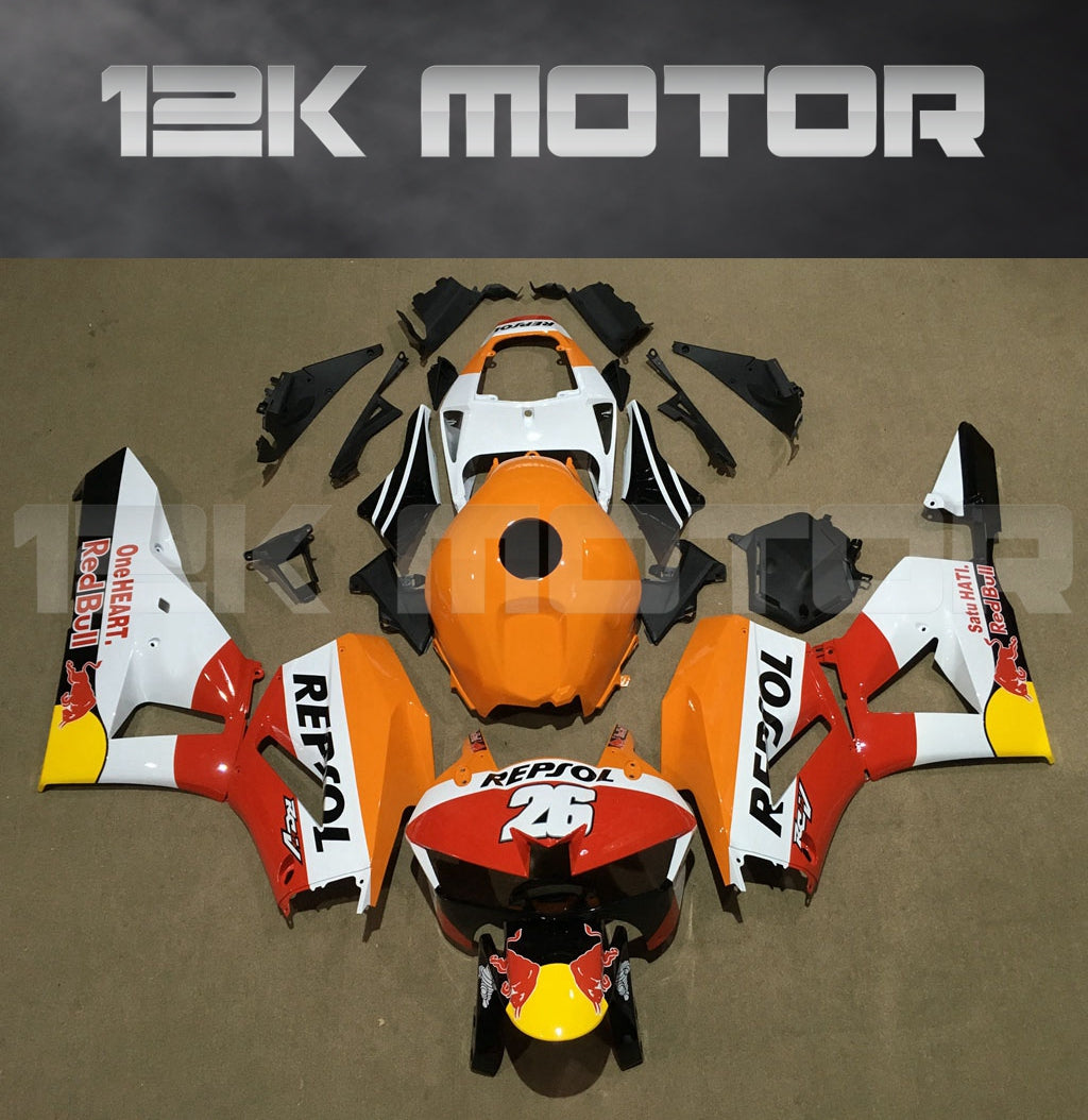 Aftermarket fairing kit for HONDA CBR600RR motorcycle, featuring a Repsol style design in orange, white, and black colors.