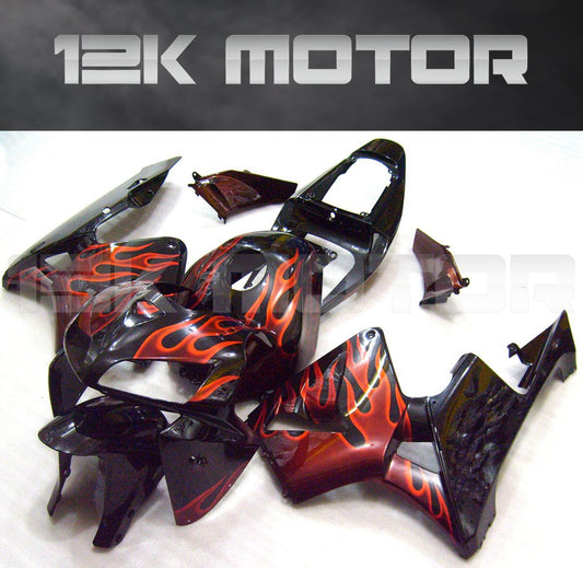 Aftermarket motorcycle fairing kit for HONDA CBR600RR, featuring a black base color with red flame designs, displayed on multiple fairing panels.