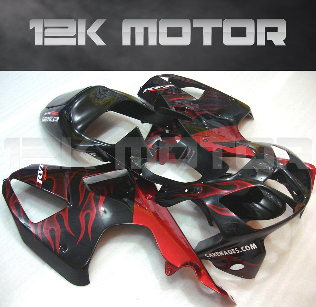 Aftermarket fairing kit for HONDA RVT1000 RC51 SP1 SP2 2000-2006 motorcycle, featuring black and red flame design.