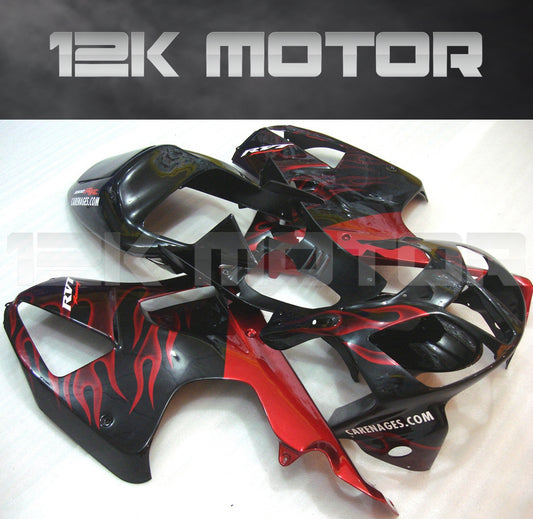 Aftermarket fairing kit for HONDA RVT1000 RC51 SP1 SP2 2000-2006 motorcycle, featuring black and red flame design.
