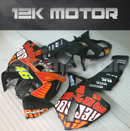 Aftermarket black motorbike fairing kit for HONDA CBR600RR, displayed set of various panels with graphical print.