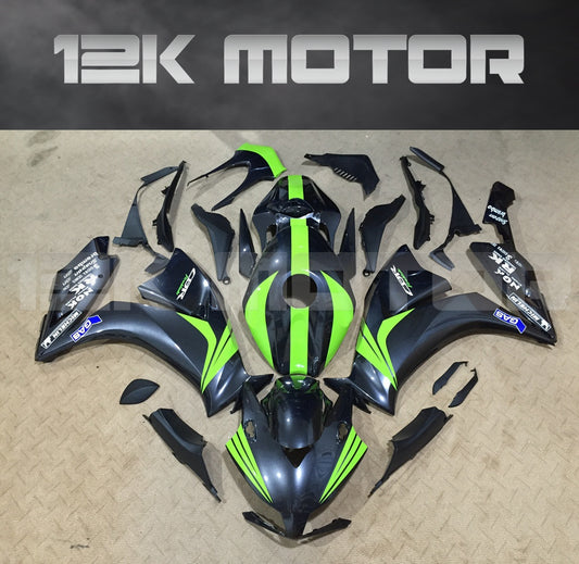 Aftermarket fairing kit for HONDA CBR1000RR motorcycle, featuring a black and green color scheme with various panels laid out, including the brand logo at the top.