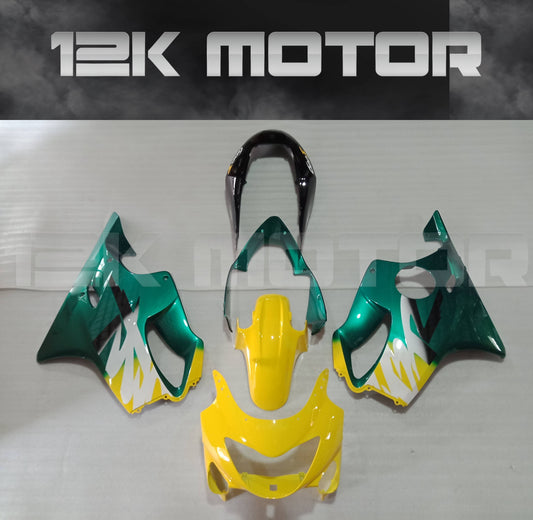 A set of motorcycle fairing kits in green, yellow, and black colors, designed for HONDA CBR600RR F4 1999 2000 Aftermarket Fairing Kit, including front mudguard, upper fairing, and other panels.