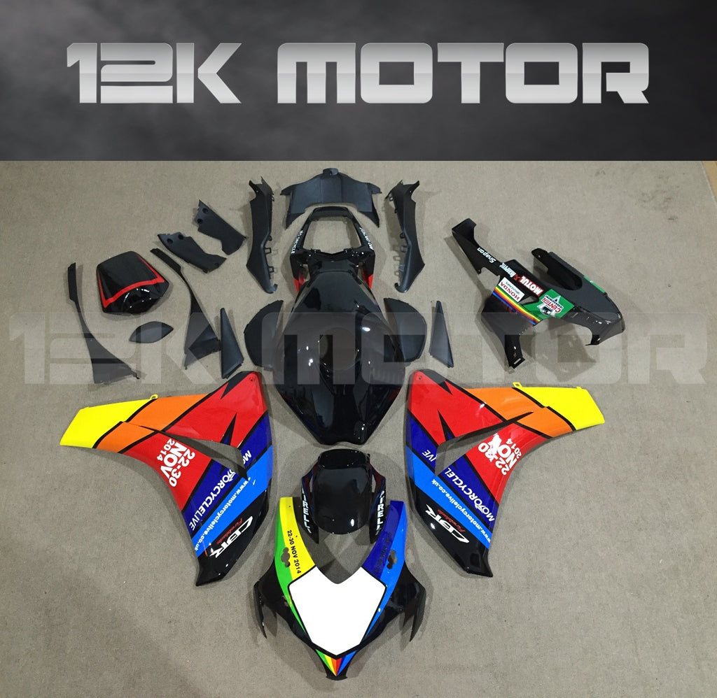 Aftermarket fairing kit for HONDA CBR1000RR motorcycle, featuring multicolor design, laid out on a flat surface.