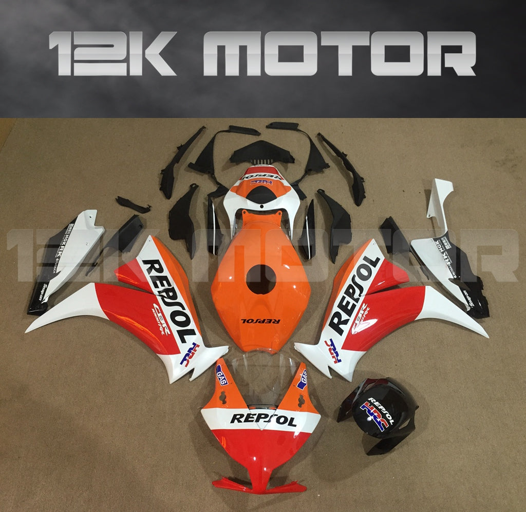 Aftermarket fairing kit for HONDA CBR1000RR, featuring orange, white, and black colors with sponsor logos, including a front fairing, side panels, and a rear fairing.