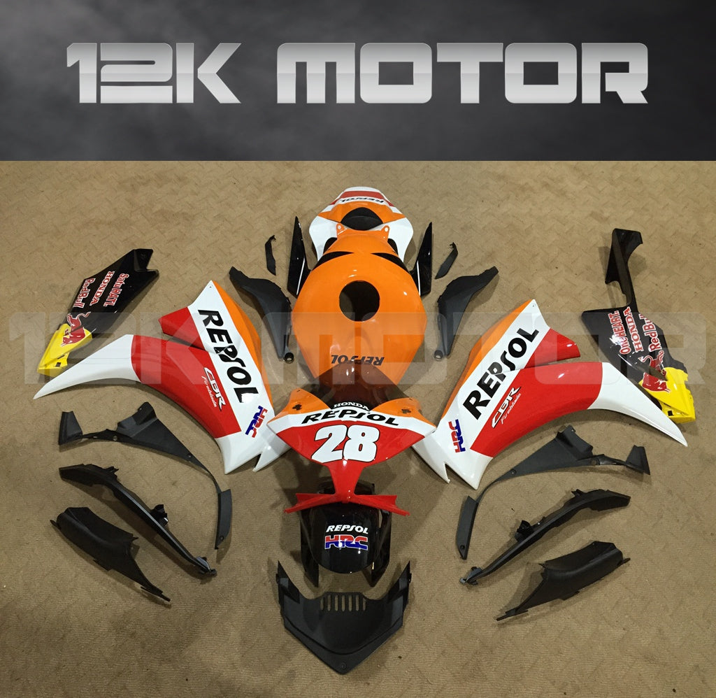 Aftermarket fairing kit for HONDA CBR1000RR motorcycle, featuring a Repsol design in orange, white, and black colors, laid out on a plain surface.