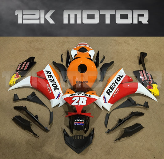 Aftermarket fairing kit for HONDA CBR1000RR motorcycle, featuring a Repsol design in orange, white, and black colors, laid out on a plain surface.