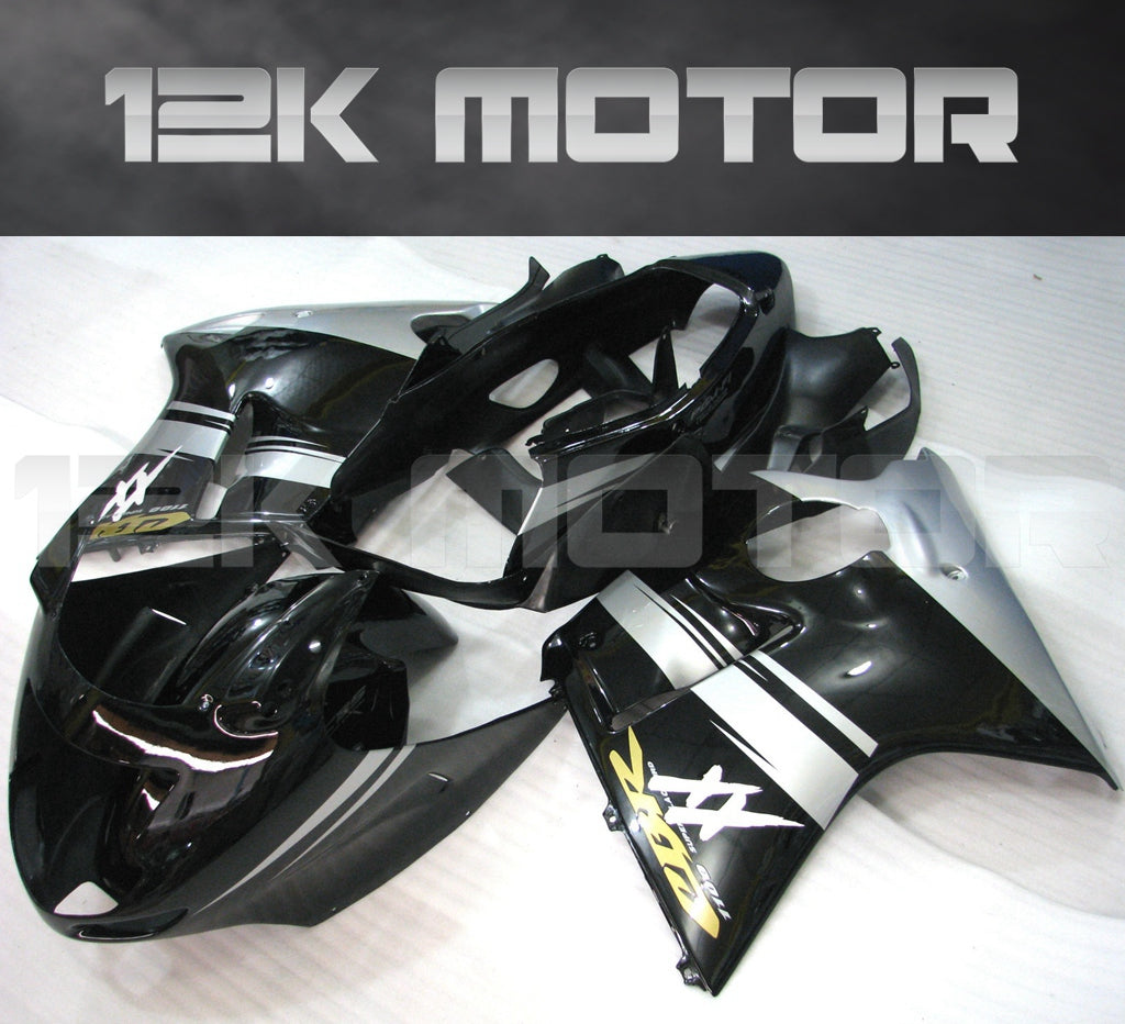 A set of motorcycle fairing panels in black, silver, and other colors, intended for a HONDA CBR1100XX Blackbird model from 1996-2007.