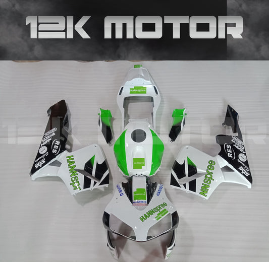 Aftermarket fairing kit for HONDA CBR600RR, consisting of various motorcycle fairing panels in white, black, and green colors, with the logo '12K Motor' at the bottom.