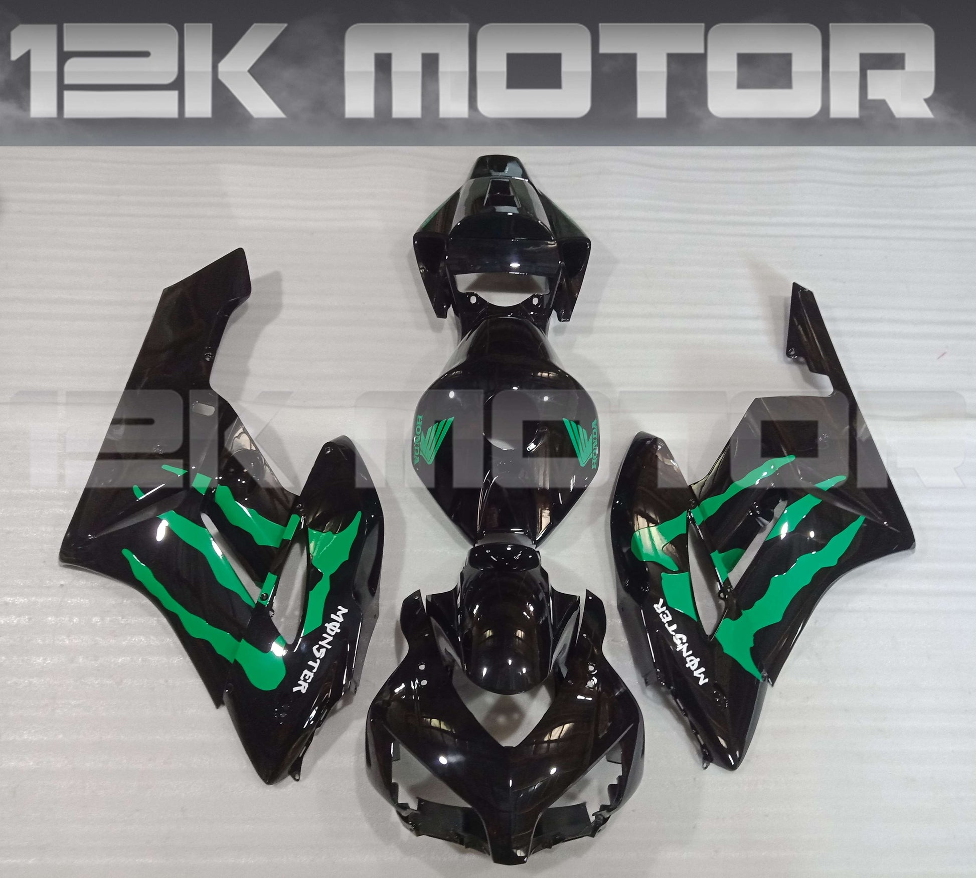 Aftermarket motorcycle fairing kit for HONDA CBR600RR in black and green color, including various panels and parts but excluding the fuel tank cover.