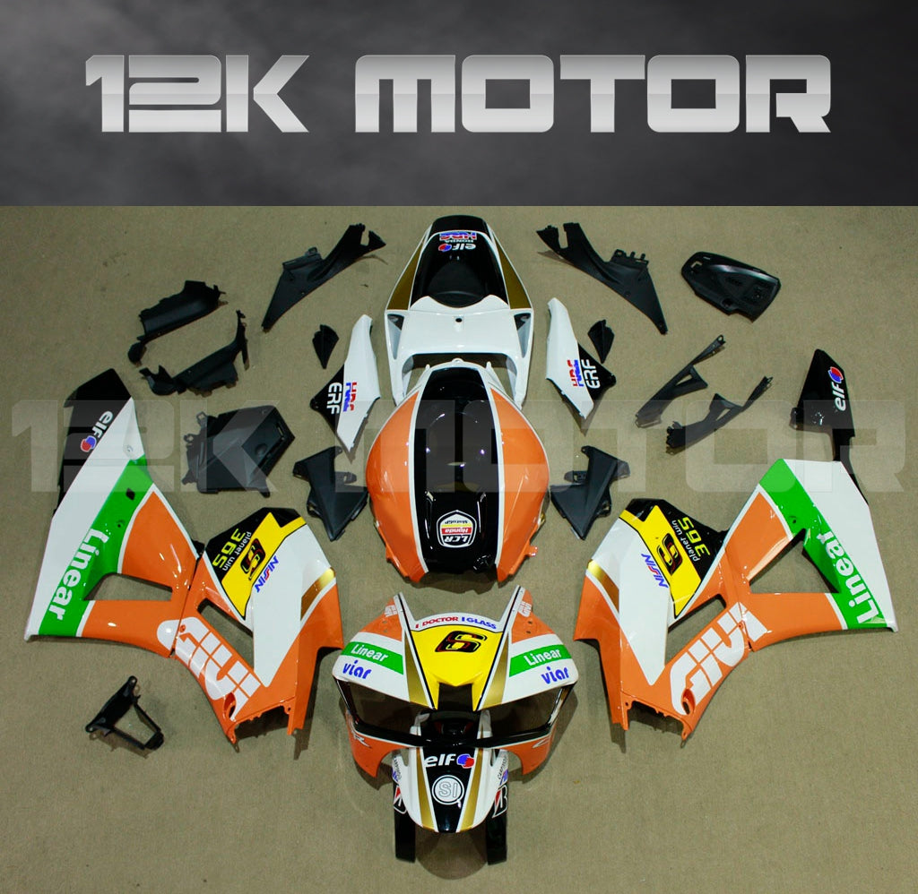 Aftermarket fairing kit for HONDA CBR600RR motorcycle, featuring orange and green colors with various decals and logos, displayed on a black background with '12K MOTOR' text.