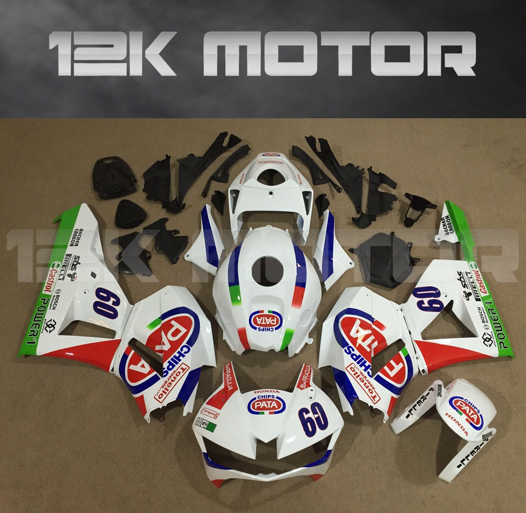 Aftermarket fairing kit for HONDA CBR600RR motorcycle, displayed on a table, featuring a white base color with sponsor decals and the number '60'.