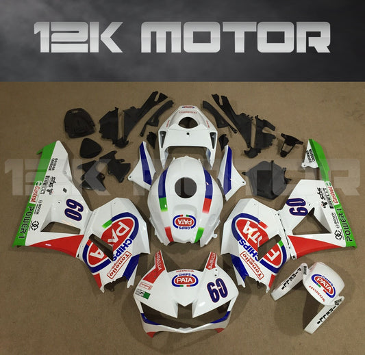 Aftermarket fairing kit for HONDA CBR600RR motorcycle, displayed on a table, featuring a white base color with sponsor decals and the number '60'.
