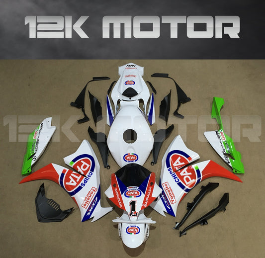 Aftermarket fairing kit for HONDA CBR1000RR 2012-2016, featuring a white, red, and blue color scheme with sponsor decals.