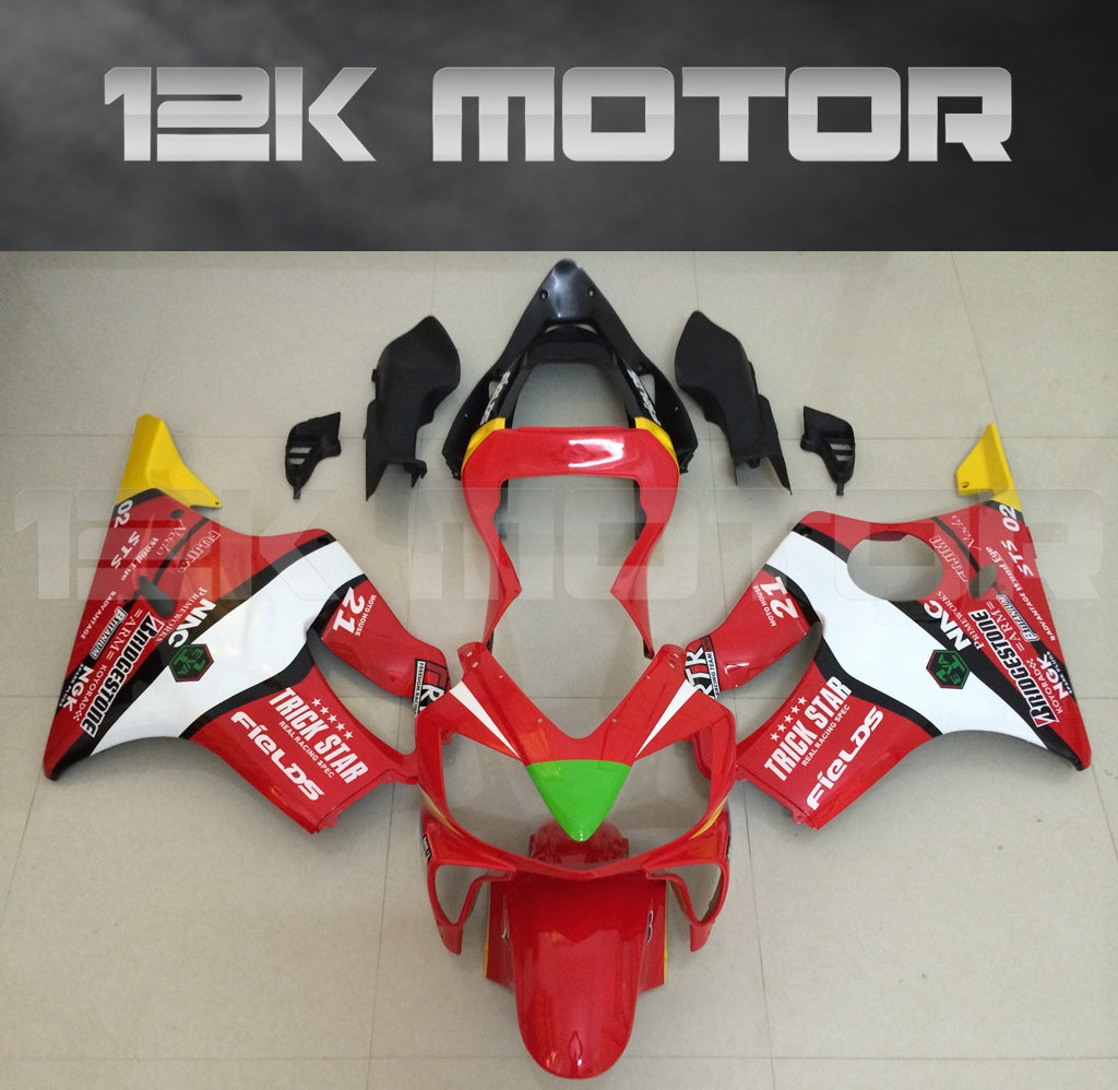Red fairing kit for HONDA CBR600 F4i 2001-2003, displayed without being installed on the motorcycle, showing various fairing pieces and bolts.