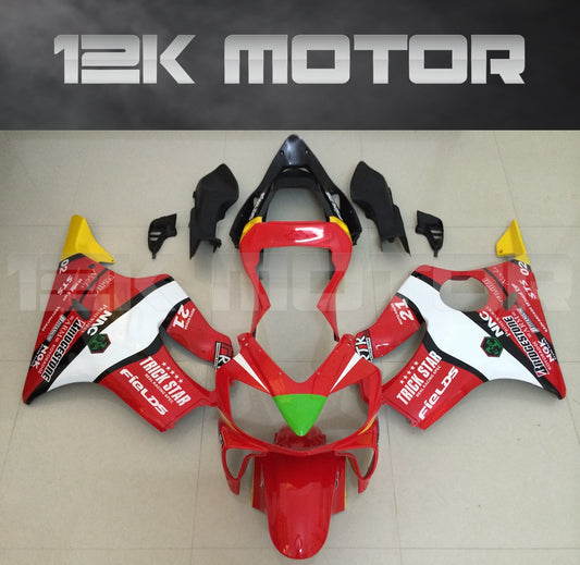 Red fairing kit for HONDA CBR600 F4i 2001-2003, displayed without being installed on the motorcycle, showing various fairing pieces and bolts.